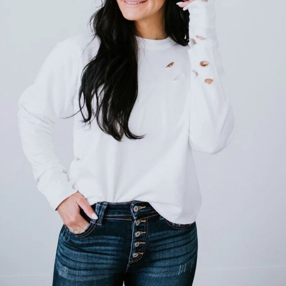 Lily & Lottie Distressed Crew Sweatshirt XS White French Terry Oversized - Picture 1 of 12